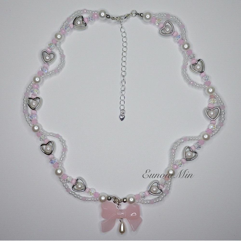 Pink Bow Intertwined Necklace | Silver plated | Pearlescent | Handmade
